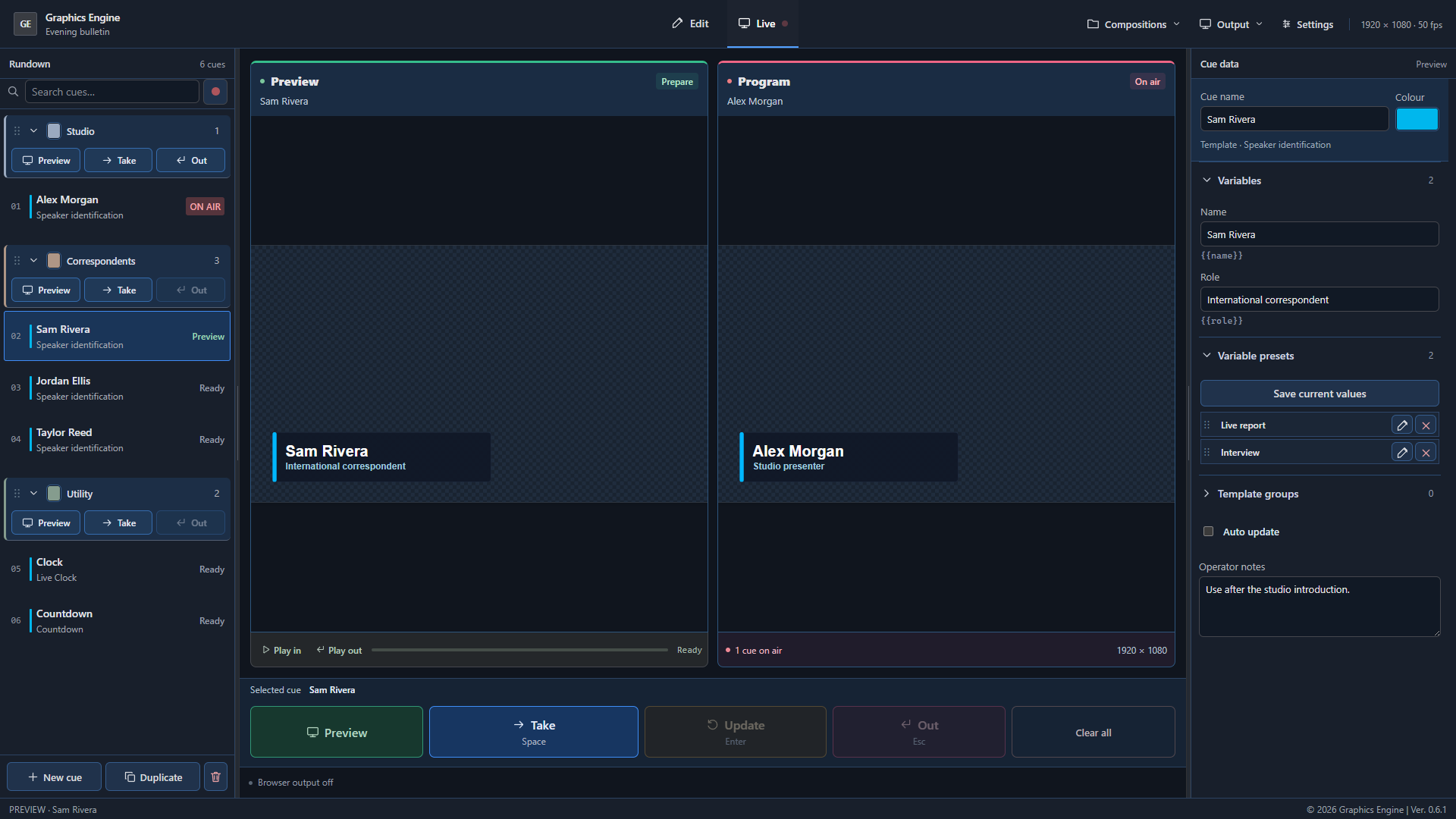 Live workspace showing a cue rundown, separate Preview and Program monitors, and cue data
